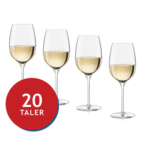 Vier elegante Weingläser mit Weißwein und einem roten Preissticker.