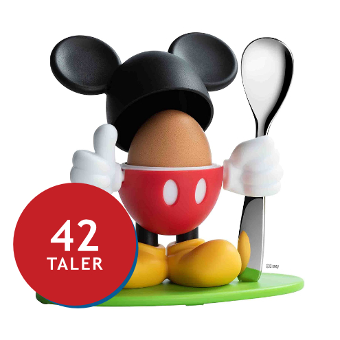 Mickey-Maus-Eierschneider mit Löffel, farbenfroh und verspielt gestaltet.