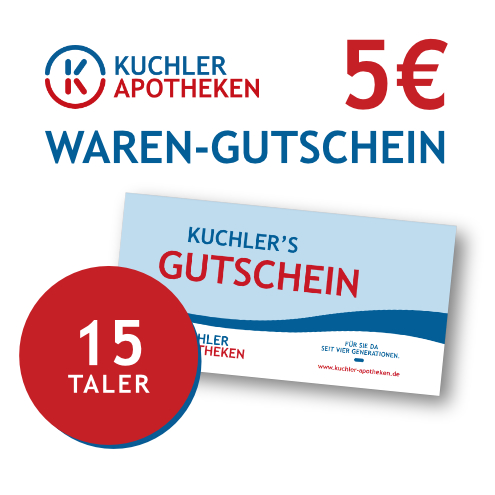 Waren-Gutschein von Kuchler Apotheken im Wert von 5 Euro und 15 Talern.
