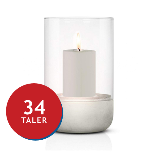 Kerze in einem klaren Glasbehälter mit Betonuntergrund, dekorativ und modern. 34 Taler.