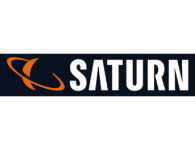 Logo der Marke Saturn mit stilisiertem Ringplanet und klarer Schrift.