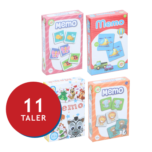 Vier Memo-Spiele in bunten Verpackungen, darunter ein Preis von 11 Talern.