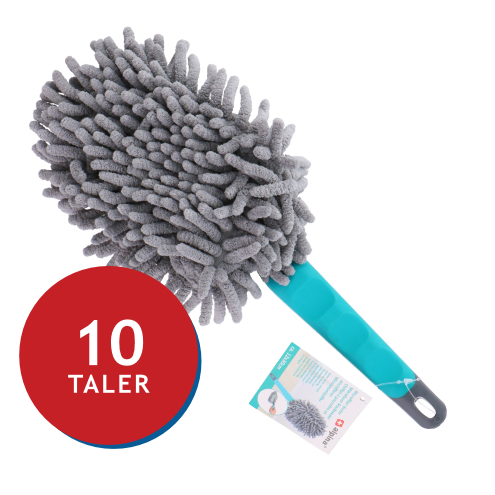 Lappen zum Staubwischen mit grauen Mikrofasern und blauem Griff, Preis 10 Taler.