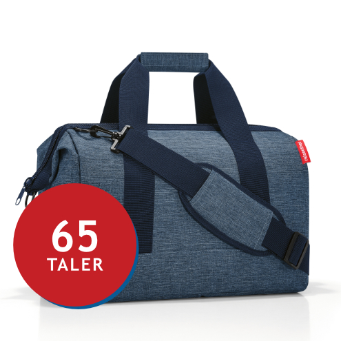 Praktische blau gestreifte Tasche mit Tragegriffen und Schultergurt, Preis 65 Taler.