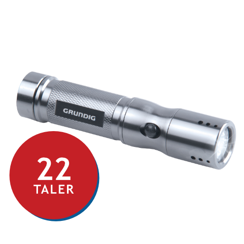 Metallische Taschenlampe von Grundig mit 22 Taler Preis.