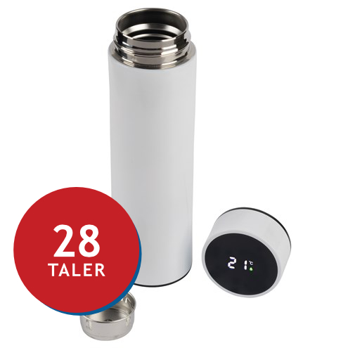 Thermo-Flasche in Weiß mit digitalem Temperaturdisplay und Preisangabe.