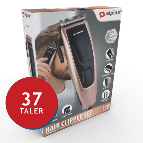 Verpackung eines Haarschneidesets von Alpina mit Preisangabe und Produktmerkmalen.