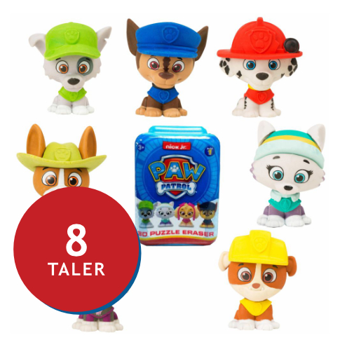 Paw Patrol Figuren und ein Puzzle-Radierer auf einem bunten Hintergrund. Preis: 8 Taler.