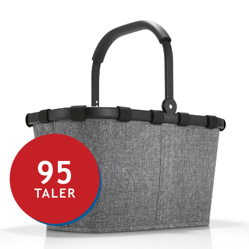 Grau-farbener Einkaufskorb mit stabilem Griff und Preisangabe 95 Taler.